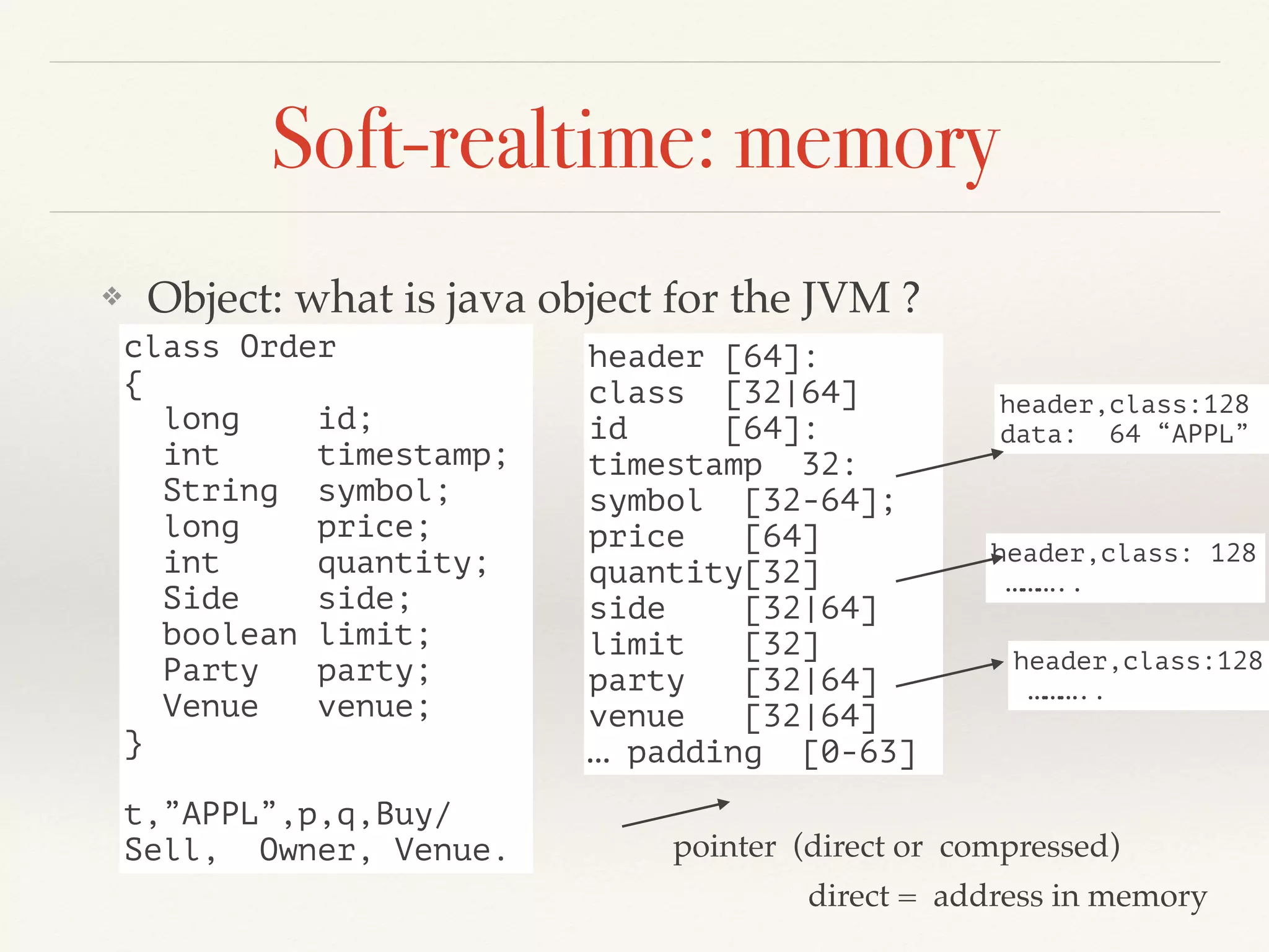 Soft-realtime: memory
❖ Object: what is java object for the JVM ?
class Order
{
long id;
int timestamp;
String symbol;
long price;
int quantity;
Side side;
boolean limit;
Party party;
Venue venue;
}
t,”APPL”,p,q,Buy/
Sell, Owner, Venue.
header [64]:
class [32|64]
id [64]:
timestamp 32:
symbol [32-64];
price [64]
quantity[32]
side [32|64]
limit [32]
party [32|64]
venue [32|64]
… padding [0-63]
header,class:128
data: 64 “APPL”
header,class: 128
………..
header,class:128
………..
pointer (direct or compressed)
direct = address in memory
 