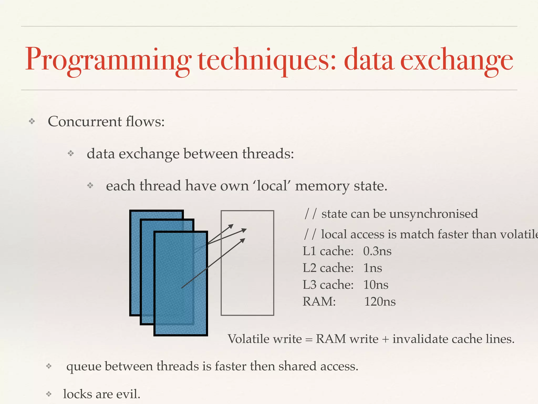 Programming techniques: data exchange
❖ Concurrent ﬂows:
❖ data exchange between threads:
❖ each thread have own ‘local’ memory state.
// state can be unsynchronised
// local access is match faster than volatile
L1 cache: 0.3ns
L2 cache: 1ns
L3 cache: 10ns
RAM: 120ns
Volatile write = RAM write + invalidate cache lines.
❖ queue between threads is faster then shared access.
❖ locks are evil.
 