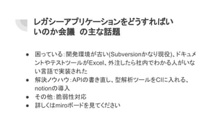 レガシーアプリケーションをどうすればい
いのか会議 の主な話題
● 困っている：開発環境が古い(Subversionかなり現役)、ドキュメ
ントやテストツールがExcel、外注したら社内でわかる人がいな
い言語で実装された
● 解決ノウハウ：APIの書き直し、型解析ツールをCIに入れる、
notionの導入
● その他：脆弱性対応
● 詳しくはmiroボードを見てください
 