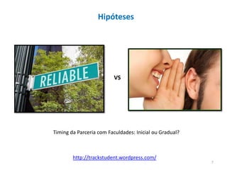 Hipóteses




                          VS




Timing da Parceria com Faculdades: Inicial ou Gradual?



        http://trackstudent.wordpress.com/
                                                         7
 
