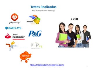 Testes Realizados
  Track Student e Summer of Startups




                                       > 200




http://trackstudent.wordpress.com/
                                               8
 