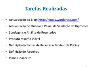 Tarefas Realizadas
• Actualização do Blog: http://nouau.wordpress.com/
• Actualização do Quadro e Painel de Validação de Hipóteses
• Sondagens e Análise de Resultados
• Produto Mínimo Viável
• Definição da Fontes de Receitas e Modelo de Pricing
• Definição de Parceiros
• Plano Financeiro

                                                        15
 