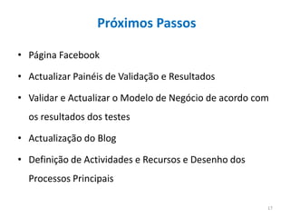 Próximos Passos

• Página Facebook

• Actualizar Painéis de Validação e Resultados

• Validar e Actualizar o Modelo de Negócio de acordo com
  os resultados dos testes

• Actualização do Blog

• Definição de Actividades e Recursos e Desenho dos
  Processos Principais

                                                       17
 