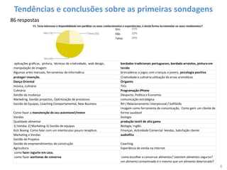 Tendências e conclusões sobre as primeiras sondagens
86 respostas




 aplicações gráficas, pintura, técnicas de criatividade, web design,           bordados tradicionais portugueses, bordado arraiolos, pintura em
 manipulação de imagem                                                         tecido
 Algumas artes manuais, ferramentas de informática
 Propriedade Intelectual e Industrial: registo de marcas, proteger o design,   brincadeiras e jogos com crianças e jovens, psicologia positiva
 proteger invenção.                                                            Criatividade e culinária:utilização de ervas aromáticas
 Dança Oriental                                                                Origamis
 música, culinária                                                             TICs
 Culinária                                                                     Programação iPhone
 Gestão da mudança                                                             Desporto, Política e Economia
 Marketing, Gestão projectos, Optimização de processos                         comunicação estratégica
 Gestão de Equipas, Coaching Comportamental, New Business                      RH / Relacionamento Interpessoal / SoftSkills
                                                                               Imagem como ferramenta de comunicação, Como gerir um cliente de
 Como fazer a manutenção do seu automovel/motor                                forma saudável
 Vendas                                                                        biologia
 Qualidade alimentar                                                           produção textil de alta gama
 1) Vendas 2) Marketing 3) Gestão de equipas                                   Biologia, Inglês.
 Kick Boxing Como falar com um interlocutor pouco receptivo.                   Finanças, Actividade Comercial Vendas, Satisfação cliente
 Marketing e Vendas                                                            audiofilia
 Gestão de Projetos
 Gestão de empreendimentos de construção                                       Coaching
 Agricultura                                                                   Experiência de venda na internet
 como fazer iogurte em casa.
 como fazer azeitonas de conserva                                              como escolher e conservar alimentos? (existem alimentos seguros?
                                                                               um alimento contaminado é o mesmo que um alimento deteriorado?
                                                                                                                                                  8
 