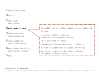 Infraestructuras
Memoria
Valoración
   Patrimonial

Estrategia         urbana                       Relación con el tejido urbano en relación a:
                                                -trama
Sostenibilidad                                  -red de infraestructuras
   medioambiental
                                                (comunicación/abastecimiento)
Sostenibilidad                                  -Eje cultural Pº prado
   Social/económica                             -Remate eje Prado-Recoletos. Tridente

Estrategias   de difu-                          Nuevas solicitudes: relación con M-Rio
   sión/Participación                           Entornos inmediato (barrio), próximo
                                                (ciudad) y lejano (CAM)
Otros…


PROYECTAR LA MEMORIA.
II Seminario taller-Restauración del Patrimonio Histórico Iberoamericano. Santa Cruz La Real, Nájera, 18-22 marzo, 2013
 