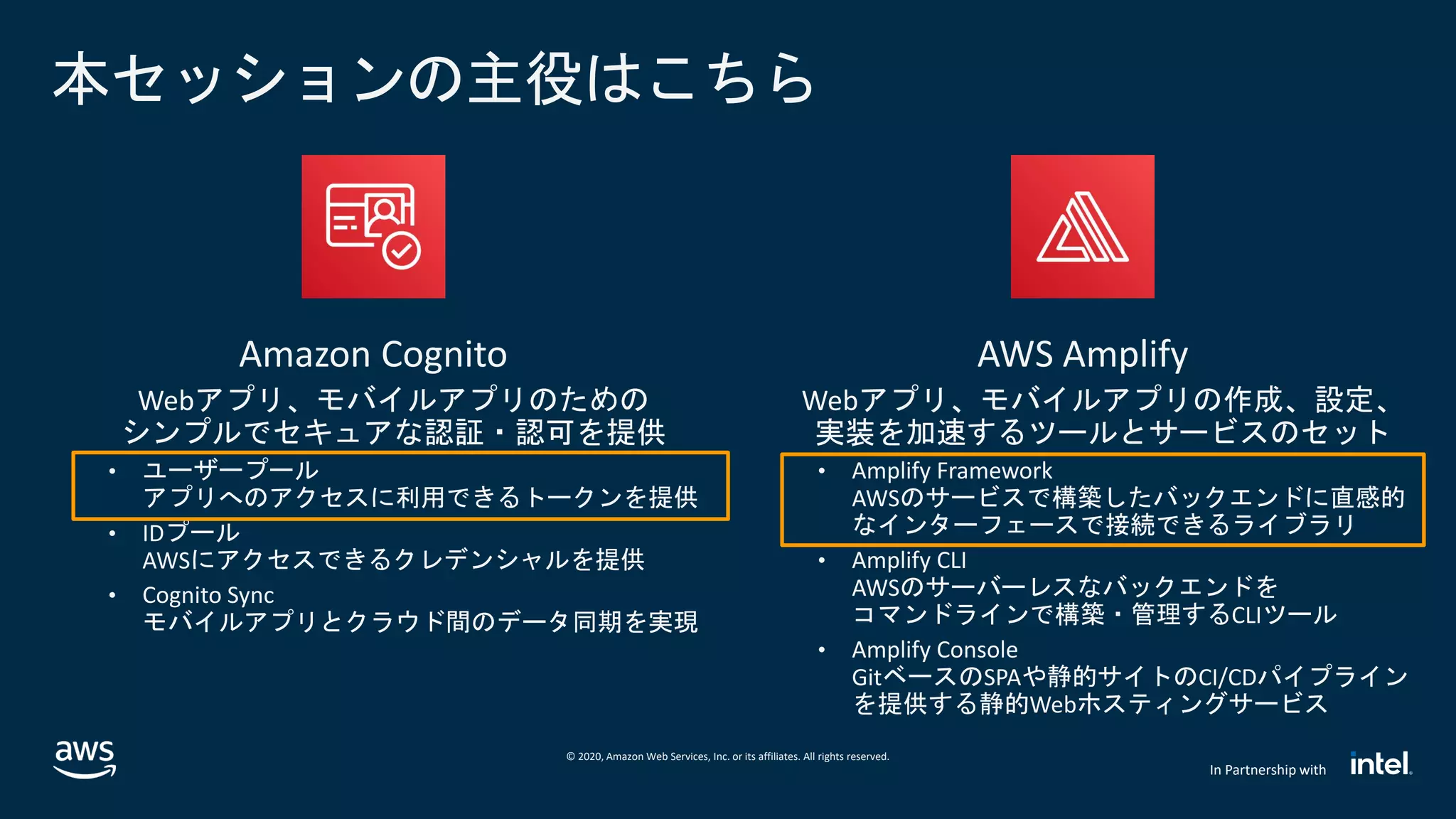 © 2020, Amazon Web Services, Inc. or its affiliates. All rights reserved.
In Partnership with
本セッションの主役はこちら
Amazon Cognito
Webアプリ、モバイルアプリのための
シンプルでセキュアな認証・認可を提供
• ユーザープール
アプリへのアクセスに利用できるトークンを提供
• IDプール
AWSにアクセスできるクレデンシャルを提供
• Cognito Sync
モバイルアプリとクラウド間のデータ同期を実現
AWS Amplify
Webアプリ、モバイルアプリの作成、設定、
実装を加速するツールとサービスのセット
• Amplify Framework
AWSのサービスで構築したバックエンドに直感的
なインターフェースで接続できるライブラリ
• Amplify CLI
AWSのサーバーレスなバックエンドを
コマンドラインで構築・管理するCLIツール
• Amplify Console
GitベースのSPAや静的サイトのCI/CDパイプライン
を提供する静的Webホスティングサービス
 