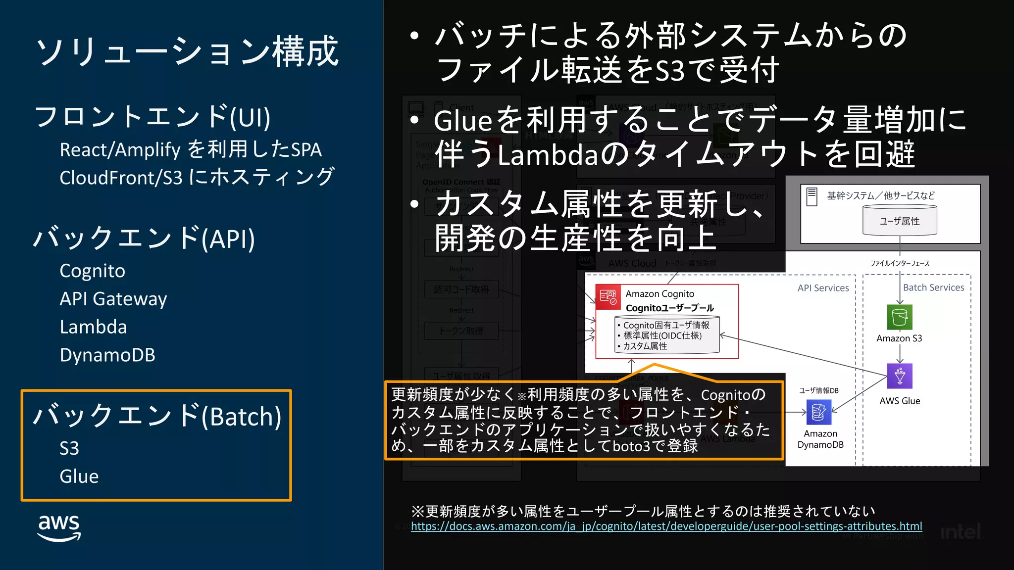 © 2020, Amazon Web Services, Inc. or its affiliates. All rights reserved.
In Partnership with
© 2020, Amazon Web Services, Inc. or its affiliates. All rights reserved.
In Partnership with
AWS Cloud
Client AWS Cloud
ソリューション構成
フロントエンド(UI)
React/Amplify を利用したSPA
CloudFront/S3 にホスティング
バックエンド(API)
Cognito
API Gateway
Lambda
DynamoDB
バックエンド(Batch)
S3
Glue
共通認証基盤（OpenID Connect Provider）
共通属性
Single
Page
Application
認可コード取得
Amazon S3
（静的サイトホスティング用）
トークン取得
Amazon API
Gateway
Amazon Cognito
OpenID Connect 認証
Authorization Code Flow
APIアクセス
基幹システム／他サービスなど
ユーザ属性
AWS Lambda
Amazon
DynamoDB
Amazon CloudFront
ユーザ属性取得
• Cognito固有ユーザ情報
• 標準属性(OIDC仕様)
• カスタム属性
COGNITO_USER_POOLS
オーソライザー
AWS Glue
HTML取得
Amazon S3
ファイルインターフェース
サインイン開始
ユーザ認証
ユーザ情報DB
Redirect
Redirect
Redirect
トークン・属性取得
API Services Batch Services
UI表示
Cognitoユーザープール
更新頻度が少なく※利用頻度の多い属性を、Cognitoの
カスタム属性に反映することで、フロントエンド・
バックエンドのアプリケーションで扱いやすくなるた
め、一部をカスタム属性としてboto3で登録
※更新頻度が多い属性をユーザープール属性とするのは推奨されていない
https://docs.aws.amazon.com/ja_jp/cognito/latest/developerguide/user-pool-settings-attributes.html
 