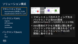 © 2020, Amazon Web Services, Inc. or its affiliates. All rights reserved.
In Partnership with
© 2020, Amazon Web Services, Inc. or its affiliates. All rights reserved.
In Partnership with
AWS Cloud
Client AWS Cloud
ソリューション構成
フロントエンド(UI)
React/Amplify を利用したSPA
CloudFront/S3 にホスティング
バックエンド(API)
Cognito
API Gateway
Lambda
DynamoDB
バックエンド(Batch)
S3
Glue
共通認証基盤（OpenID Connect Provider）
共通属性
Single
Page
Application
認可コード取得
Amazon S3
（静的サイトホスティング用）
トークン取得
Amazon API
Gateway
Amazon Cognito
OpenID Connect 認証
Authorization Code Flow
APIアクセス
基幹システム／他サービスなど
ユーザ属性
AWS Lambda
Amazon
DynamoDB
Amazon CloudFront
ユーザ属性取得
• Cognito固有ユーザ情報
• 標準属性(OIDC仕様)
• カスタム属性
COGNITO_USER_POOLS
オーソライザー
AWS Glue
HTML取得
Amazon S3
ファイルインターフェース
サインイン開始
ユーザ認証
ユーザ情報DB
Redirect
Redirect
Redirect
トークン・属性取得
API Services Batch Services
UI表示
Cognitoユーザープール
 