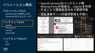 © 2020, Amazon Web Services, Inc. or its affiliates. All rights reserved.
In Partnership with
© 2020, Amazon Web Services, Inc. or its affiliates. All rights reserved.
In Partnership with
AWS Cloud
Client AWS Cloud
ソリューション構成
フロントエンド(UI)
React/Amplify を利用したSPA
CloudFront/S3 にホスティング
バックエンド(API)
Cognito
API Gateway
Lambda
DynamoDB
バックエンド(Batch)
S3
Glue
共通認証基盤（OpenID Connect Provider）
共通属性
Single
Page
Application
認可コード取得
Amazon S3
（静的サイトホスティング用）
トークン取得
Amazon API
Gateway
Amazon Cognito
OpenID Connect 認証
Authorization Code Flow
APIアクセス
基幹システム／他サービスなど
ユーザ属性
AWS Lambda
Amazon
DynamoDB
Amazon CloudFront
ユーザ属性取得
• Cognito固有ユーザ情報
• 標準属性(OIDC仕様)
• カスタム属性
COGNITO_USER_POOLS
オーソライザー
AWS Glue
HTML取得
Amazon S3
ファイルインターフェース
サインイン開始
ユーザ認証
ユーザ情報DB
Redirect
Redirect
Redirect
トークン・属性取得
API Services Batch Services
UI表示
Cognitoユーザープール
 