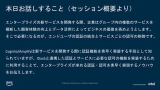 © 2020, Amazon Web Services, Inc. or its affiliates. All rights reserved.
In Partnership with
本日お話しすること（セッション概要より）
エンタープライズの新サービスを開発する際、企業はグループ内の複数のサービスを
横断した顧客体験の向上とデータ活用によってビジネスの価値を高めようとします。
そこで必要になるのが、エンドユーザの認証の統合とサービスごとの認可の制御です。
Cognito/Amplifyは新サービスを開発する際に認証機能を素早く実装する手段として知
られていますが、IDaaSと連携した認証とサービスに必要な認可の機能を実装するため
に利用することで、エンタープライズが求める認証・認可を素早く実現するノウハウ
をお伝えします。
 