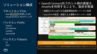 © 2020, Amazon Web Services, Inc. or its affiliates. All rights reserved.
In Partnership with
© 2020, Amazon Web Services, Inc. or its affiliates. All rights reserved.
In Partnership with
AWS Cloud
Client AWS Cloud
ソリューション構成
フロントエンド(UI)
React/Amplify を利用したSPA
CloudFront/S3 にホスティング
バックエンド(API)
Cognito
API Gateway
Lambda
DynamoDB
バックエンド(Batch)
S3
Glue
共通認証基盤（OpenID Connect Provider）
共通属性
Single
Page
Application
認可コード取得
Amazon S3
（静的サイトホスティング用）
トークン取得
Amazon API
Gateway
Amazon Cognito
OpenID Connect 認証
Authorization Code Flow
APIアクセス
基幹システム／他サービスなど
ユーザ属性
AWS Lambda
Amazon
DynamoDB
Amazon CloudFront
ユーザ属性取得
• Cognito固有ユーザ情報
• 標準属性(OIDC仕様)
• カスタム属性
COGNITO_USER_POOLS
オーソライザー
AWS Glue
HTML取得
Amazon S3
ファイルインターフェース
サインイン開始
ユーザ認証
ユーザ情報DB
Redirect
Redirect
Redirect
トークン・属性取得
API Services Batch Services
UI表示
Cognitoユーザープール
OpenID ConnectのInitiateリクエスト
https://XXXXXXXXXXX.auth.ap-northeast-1.amazoncognito.com/oauth2/authorize?redirect_uri=http%3A%2F%2
Flocalhost%3A3000%2F&response_type=code&client_id=7o8ves8p5rq6q6o7i0mise4mbo&identity_provider=Id
P&scope=email%20openid%20profile%20aws.cognito.signin.user.admin&state=NQNc0Lpkc2GCM8rxQj1ECYsio
4FIoUoe&code_challenge=FvgiKIf8J4lbTd42Pj-CNF5ykPZaAqZICTO4Q3EY8xc&code_challenge_method=S256
CSRF対策
戻ってきたリダイレクトのクエリ文字列に同じstateパラメータが設定されていること
?code=e0e91d0a-66a5-45cf-9afd-77117e3e26f0&state=NQNc0Lpkc2GCM8rxQj1ECYsio4FIoUoe
PKCE:Proof Key for Code Exchange (RFC 7636) 認可コード横取り対策
トークンエンドポイントを呼び出したクライアントが、ハッシュ化前のcode_challenge
の値(code_verifier)を含めてアクセスしていること
code_verifier: 1U2UYEWnf3OYaSBKJQltCQ8S4fQb5XZBcWA2YoVRiN5e8I5Sk3yWyIJuiR58J5Ncdbs1YACHWKUYER
m81UzYy7nEEpCRPqxUsDCr5jGnA4cfC9Y5eJCfzVD85D1cTxTE
 