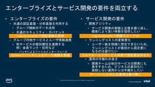 © 2020, Amazon Web Services, Inc. or its affiliates. All rights reserved.
In Partnership with
エンタープライズとサービス開発の要件を両立する
• エンタープライズの要件
• 共通の認証基盤・分析基盤を利用する
• グループ横断のデータ活用
• 共通のセキュリティ・ガバナンス
• グループ内他サービスとユーザ情報連携
• 他サービスの個別属性を連携する
例）会員ランク・住所など
• バッチによるファイルインターフェース
• サービス開発の要件
• 開発アジリティ
• サービス開発の実験と反復を繰り返し、
顧客により良い体験を提供したい
• ランニングコストの変動費化
• ユーザー数を明確に想定できないため、
ランニングコストが最初から固定費に
なるのは避けたい
• 運用の手離れの良さ
• 開発チームは他のサービスの開発にも
着手するため、ビジネスの差別化に
直結しない運用からは手離れしたい
 