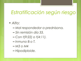 Estratificación según riesgo

• Alto:
  – Mal respondedor a prednisona.
  – Sin remisión día 33.
  – Con t(9:22) o t(4:11).
  – Inmuno B o T.
  – M3 o M4
  – Hipodiploide.
 