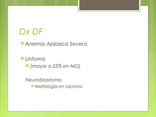 Dx DF
 Anemia    Aplasica Severa.

 Linfoma
    (mayor a 25% en MO)

 Neuroblastoma.
      Morfología   en racimos.
 