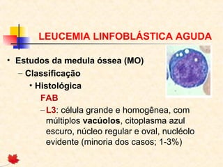 LEUCEMIA LINFOBLÁSTICA AGUDA
• Estudos da medula óssea (MO)
– Classificação
• Histológica
FAB
– L3: célula grande e homogênea, com
múltiplos vacúolos, citoplasma azul
escuro, núcleo regular e oval, nucléolo
evidente (minoria dos casos; 1-3%)

 