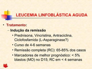 LEUCEMIA LINFOBLÁSTICA AGUDA
• Tratamento:
– Indução da remissão
• Prednisona, Vincristina, Antraciclina,
Ciclofosfamida (L-Asparaginase?)
• Curso de 4-6 semanas
• Remissão completa (RC): 65-85% dos casos
• Marcadores de melhor prognóstico: < 5%
blastos (MO) no D15; RC em < 4 semanas

 