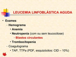 LEUCEMIA LINFOBLÁSTICA AGUDA
• Exames
– Hemograma
• Anemia
• Neutropenia (com ou sem leucocitose)
– Blastos circulantes
• Trombocitopenia
– Coagulograma
• TAP, TTPa (PDF, esquizócitos: CID – 10%)

 