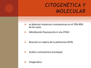 CITOGENÉTICA Y
MOLECULAR
 se detectan trastornos cromosomicos en el 70%-80%
de los casos
 Hibridización fluorescente in situ (FISH)
 Reacción en cadena de la polimerasa (PCR)
 Análisis cromosómico (cariotipo)
 Citogenética
 