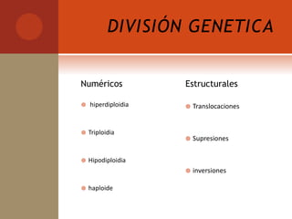 DIVISIÓN GENETICA
Numéricos
 hiperdiploidia
 Triploidia
 Hipodiploidia
 haploide
Estructurales
 Translocaciones
 Supresiones
 inversiones
 