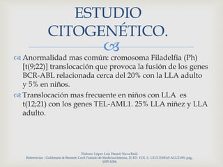 
ESTUDIO
CITOGENÉTICO.
 Anormalidad mas común: cromosoma Filadelfia (Ph)
[t(9;22)] translocación que provoca la fusión de los genes
BCR-ABL relacionada cerca del 20% con la LLA adulto
y 5% en niños.
 Translocación mas frecuente en niños con LLA es
t(12;21) con los genes TEL-AML1. 25% LLA niñez y LLA
adulto.
Elaboro: López Luis Daniel; Nava Raúl.
Referencias: : Goldmann & Bennett: Cecil Tratado de Medicina Interna, 21 ED. VOL 1; LEUCEMIAS AGUDAS; pág..
1055-1056.
 