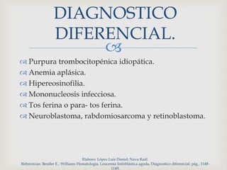 
DIAGNOSTICO
DIFERENCIAL.
 Purpura trombocitopénica idiopática.
 Anemia aplásica.
 Hipereosinofilia.
 Mononucleosis infecciosa.
 Tos ferina o para- tos ferina.
 Neuroblastoma, rabdomiosarcoma y retinoblastoma.
Elaboro: López Luis Daniel; Nava Raúl.
Referencias: Beutler E., Williams Hematología, Leucemia linfoblástica aguda, Diagnostico diferencial: pág.. 1148-
1149.
 
