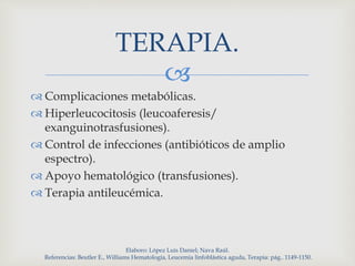 
TERAPIA.
 Complicaciones metabólicas.
 Hiperleucocitosis (leucoaferesis/
exanguinotrasfusiones).
 Control de infecciones (antibióticos de amplio
espectro).
 Apoyo hematológico (transfusiones).
 Terapia antileucémica.
Elaboro: López Luis Daniel; Nava Raúl.
Referencias: Beutler E., Williams Hematología, Leucemia linfoblástica aguda, Terapia: pág.. 1149-1150.
 