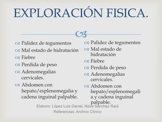 
EXPLORACIÓN FISICA.
 Palidez de tegumentos
 Mal estado de hidratación
 Fiebre
 Perdida de peso
 Adenomegalias
cervicales.
 Abdomen con
hepato/esplenomegalia y
cadena inguinal palpable.
Elaboro: López Luis Daniel, Nava Sánchez Raúl
Referencias: Archivo Clínico
 Palidez de tegumentos
 Mal estado de
hidratación
 Fiebre
 Perdida de peso
 Adenomegalias
cervicales.
 Abdomen con
hepato/esplenomegali
a y cadena inguinal
palpable.
 