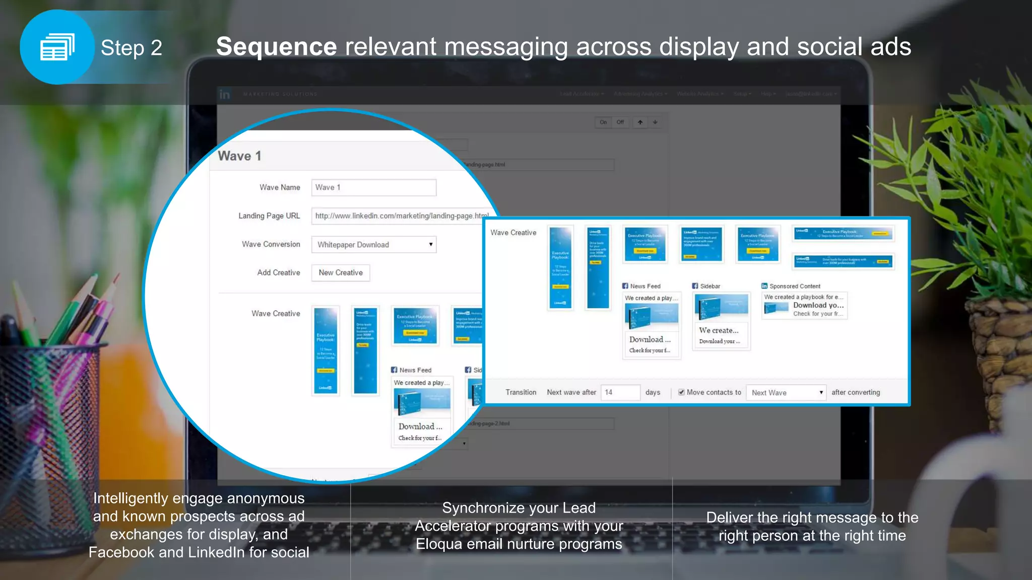 Synchronize your Lead
Accelerator programs with your
Eloqua email nurture programs
Intelligently engage anonymous
and known prospects across ad
exchanges for display, and
Facebook and LinkedIn for social
Deliver the right message to the
right person at the right time
Sequence relevant messaging across display and social adsStep 2
 