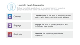 Deliver more high-quality leads to your sales teams by engaging
prospects anywhere online with relevant ads and content
LinkedIn Lead Accelerator
Engage
Engage the 80% of known prospects who
don’t open your emails.
Evaluate
Evaluate the impact of your nurture
programs.
Convert
Convert more of the 95% of anonymous web
visitors who don’t provide an email address.
 