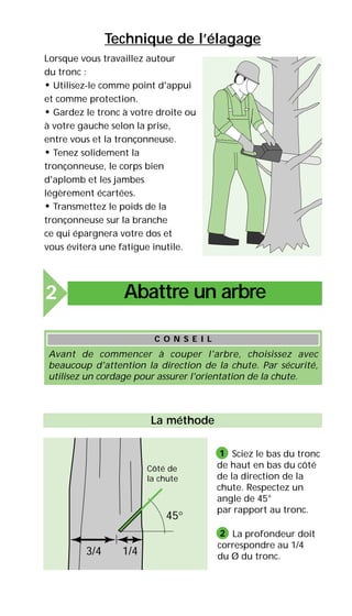 Lorsque vous travaillez autour
du tronc :
• Utilisez-le comme point d'appui
et comme protection.
• Gardez le tronc à votre droite ou
à votre gauche selon la prise,
entre vous et la tronçonneuse.
• Tenez solidement la
tronçonneuse, le corps bien
d'aplomb et les jambes
légèrement écartées.
• Transmettez le poids de la
tronçonneuse sur la branche
ce qui épargnera votre dos et
vous évitera une fatigue inutile.
Abattre un arbre2
45°
1/43/4
Sciez le bas du tronc
de haut en bas du côté
de la direction de la
chute. Respectez un
angle de 45°
par rapport au tronc.
1
Technique de l’élagage
La méthode
C O N S E I L
Avant de commencer à couper l'arbre, choisissez avec
beaucoup d'attention la direction de la chute. Par sécurité,
utilisez un cordage pour assurer l'orientation de la chute.
La profondeur doit
correspondre au 1/4
du Ø du tronc.
2
Côté de
la chute
 
