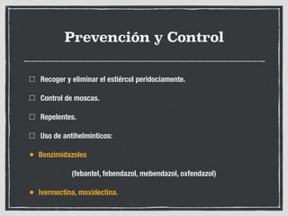 Prevención y Control
Recoger y eliminar el estiércol peridociamente.
Control de moscas.
Repelentes.
Uso de antihelmínticos:
• Benzimidazoles
(febantel, febendazol, mebendazol, oxfendazol)
• Ivermectina, moxidectina.
 