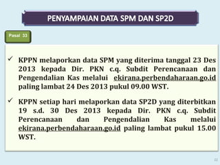 Pasal 33

 KPPN melaporkan data SPM yang diterima tanggal 23 Des
2013 kepada Dir. PKN c.q. Subdit Perencanaan dan
Pengendalian Kas melalui ekirana.perbendaharaan.go.id
paling lambat 24 Des 2013 pukul 09.00 WST.
 KPPN setiap hari melaporkan data SP2D yang diterbitkan
19 s.d. 30 Des 2013 kepada Dir. PKN c.q. Subdit
Perencanaan
dan
Pengendalian
Kas
melalui
ekirana.perbendaharaan.go.id paling lambat pukul 15.00
WST.
22

 
