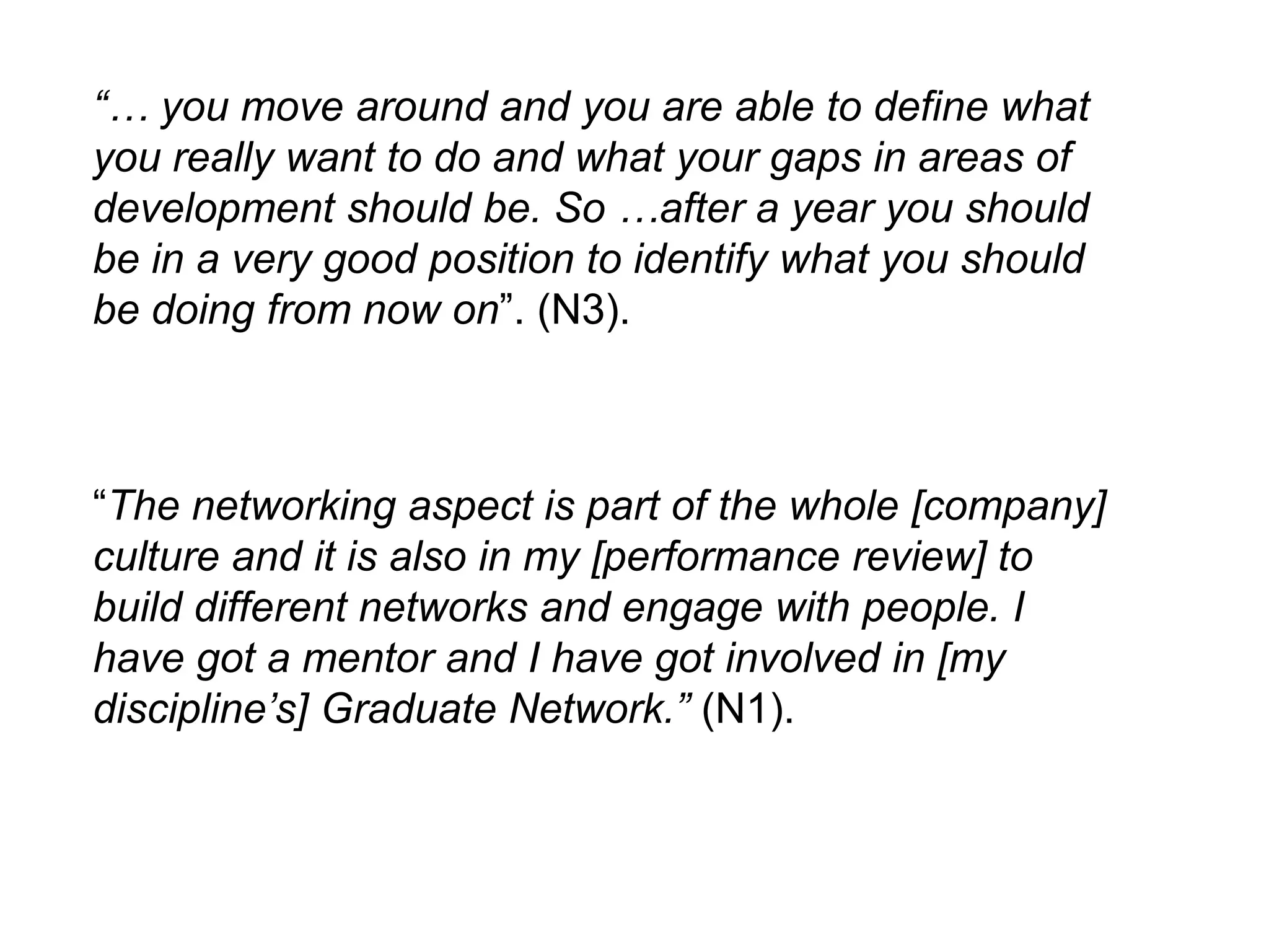 “… you move around and you are able to define what
you really want to do and what your gaps in areas of
development should be. So …after a year you should
be in a very good position to identify what you should
be doing from now on”. (N3).



“The networking aspect is part of the whole [company]
culture and it is also in my [performance review] to
build different networks and engage with people. I
have got a mentor and I have got involved in [my
discipline‟s] Graduate Network.” (N1).
 