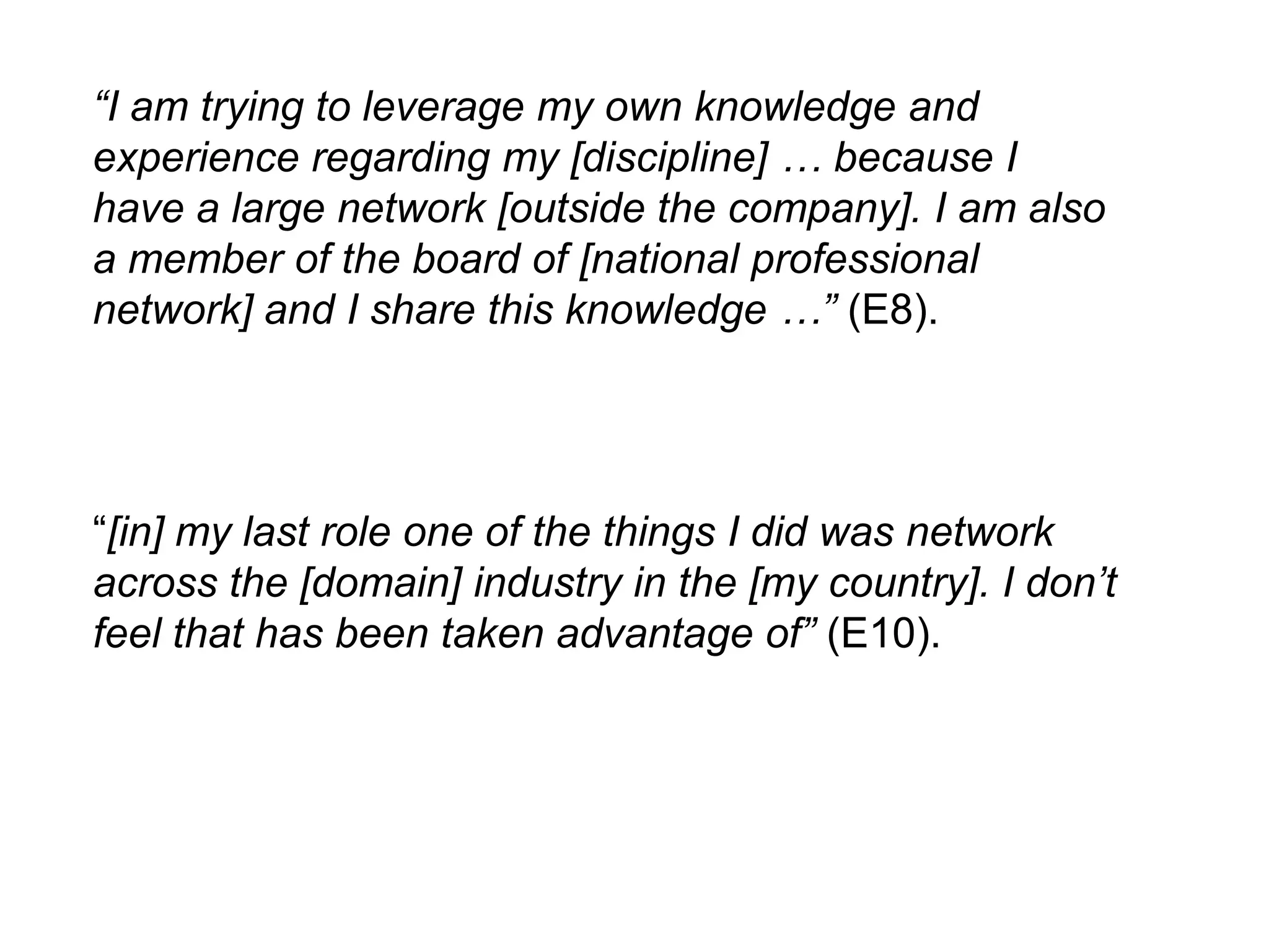 “I am trying to leverage my own knowledge and
experience regarding my [discipline] … because I
have a large network [outside the company]. I am also
a member of the board of [national professional
network] and I share this knowledge …” (E8).




“[in] my last role one of the things I did was network
across the [domain] industry in the [my country]. I don‟t
feel that has been taken advantage of” (E10).
 