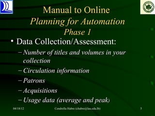 Manual to Online
           Planning for Automation
               Phase 1
• Data Collection/Assessment:
   – Number of titles and volumes in your
     collection
   – Circulation information
   – Patrons
   – Acquisitions
   – Usage data (average and peak)
04/18/12        Cendrella Habre (chabre@lau.edu.lb)   5
 