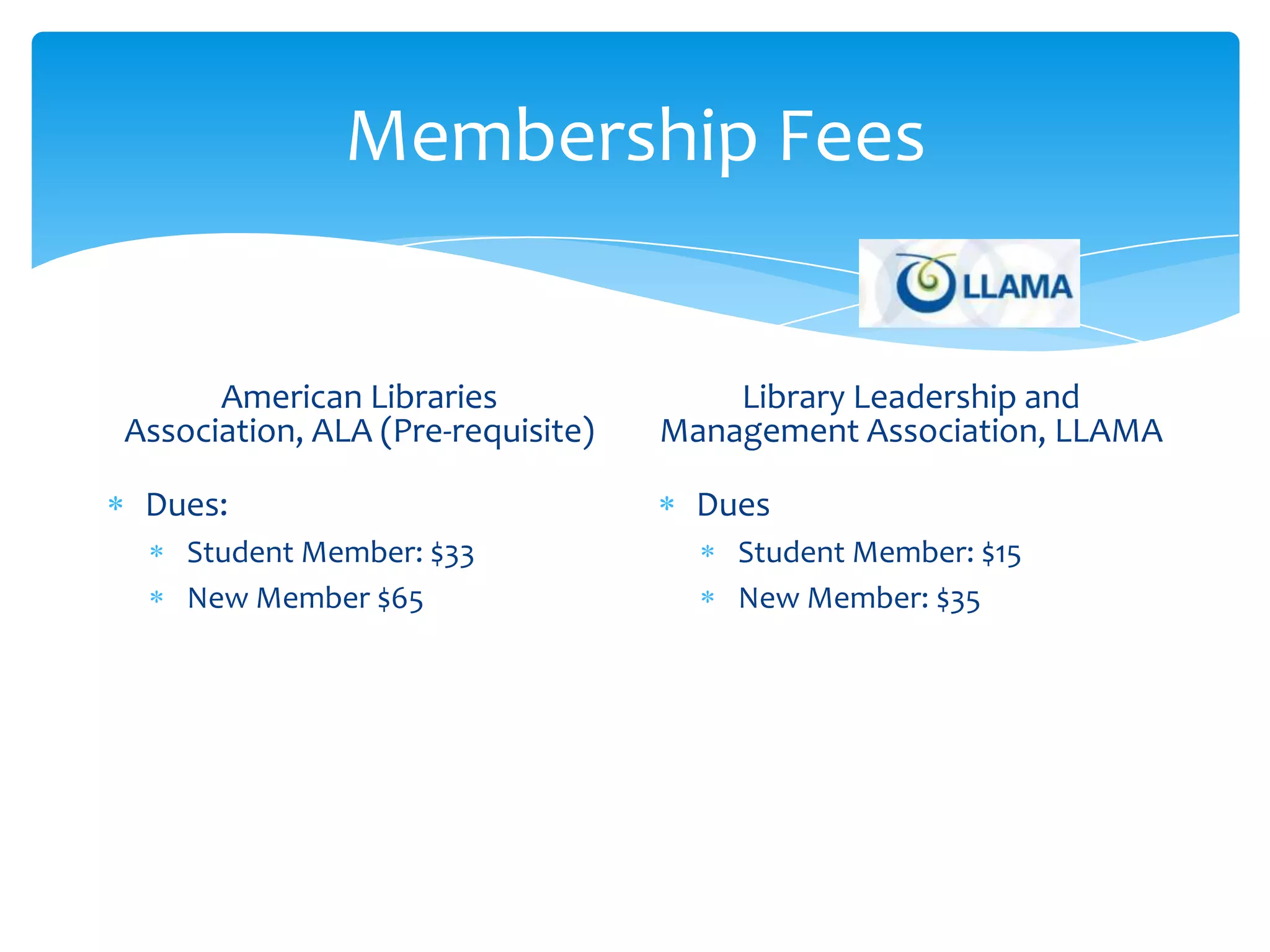 Membership Fees


      American Libraries               Library Leadership and
Association, ALA (Pre-requisite)   Management Association, LLAMA

 Dues:                               Dues
    Student Member: $33                Student Member: $15
    New Member $65                     New Member: $35
 
