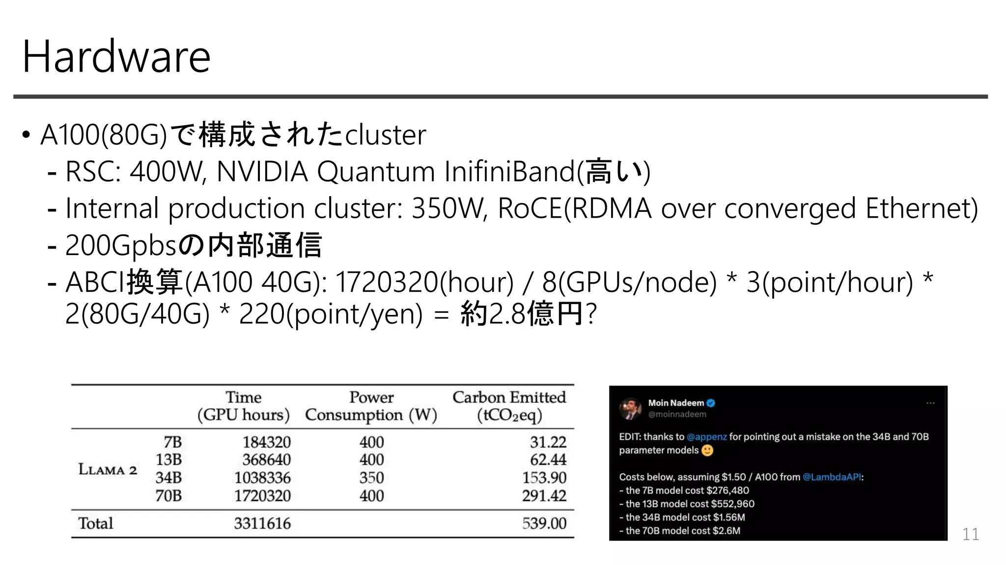 Hardware
• A100(80G)で構成されたcluster
- RSC: 400W, NVIDIA Quantum InifiniBand(高い)
- Internal production cluster: 350W, RoCE(RDMA over converged Ethernet)
- 200Gpbsの内部通信
- ABCI換算(A100 40G): 1720320(hour) / 8(GPUs/node) * 3(point/hour) *
2(80G/40G) * 220(point/yen) = 約2.8億円?
11
 