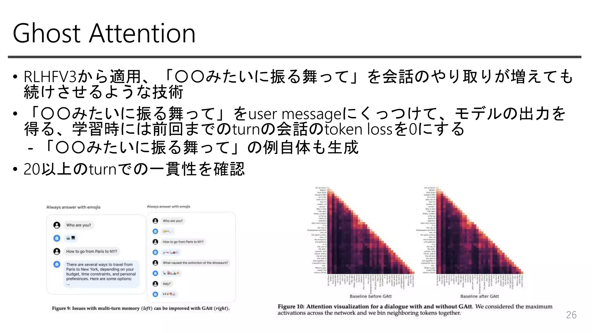 Ghost Attention
• RLHFV3から適用、「〇〇みたいに振る舞って」を会話のやり取りが増えても
続けさせるような技術
• 「〇〇みたいに振る舞って」をuser messageにくっつけて、モデルの出力を
得る、学習時には前回までのturnの会話のtoken lossを0にする
- 「〇〇みたいに振る舞って」の例自体も生成
• 20以上のturnでの一貫性を確認
26
 