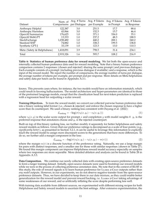 Dataset
Num. of
Comparisons
Avg. # Turns
per Dialogue
Avg. # Tokens
per Example
Avg. # Tokens
in Prompt
Avg. # Tokens
in Response
Anthropic Helpful 122,387 3.0 251.5 17.7 88.4
Anthropic Harmless 43,966 3.0 152.5 15.7 46.4
OpenAI Summarize 176,625 1.0 371.1 336.0 35.1
OpenAI WebGPT 13,333 1.0 237.2 48.3 188.9
StackExchange 1,038,480 1.0 440.2 200.1 240.2
Stanford SHP 74,882 1.0 338.3 199.5 138.8
Synthetic GPT-J 33,139 1.0 123.3 13.0 110.3
Meta (Safety & Helpfulness) 1,418,091 3.9 798.5 31.4 234.1
Total 2,919,326 1.6 595.7 108.2 216.9
Table 6: Statistics of human preference data for reward modeling. We list both the open-source and
internally collected human preference data used for reward modeling. Note that a binary human preference
comparison contains 2 responses (chosen and rejected) sharing the same prompt (and previous dialogue).
Each example consists of a prompt (including previous dialogue if available) and a response, which is the
input of the reward model. We report the number of comparisons, the average number of turns per dialogue,
the average number of tokens per example, per prompt and per response. More details on Meta helpfulness
and safety data per batch can be found in Appendix A.3.1.
knows. This prevents cases where, for instance, the two models would have an information mismatch, which
could result in favoring hallucinations. The model architecture and hyper-parameters are identical to those
of the pretrained language models, except that the classification head for next-token prediction is replaced
with a regression head for outputting a scalar reward.
Training Objectives. To train the reward model, we convert our collected pairwise human preference data
into a binary ranking label format (i.e., chosen & rejected) and enforce the chosen response to have a higher
score than its counterpart. We used a binary ranking loss consistent with Ouyang et al. (2022):
Lranking = −log(σ(rθ(x, yc) − rθ(x, yr))) (1)
where rθ(x, y) is the scalar score output for prompt x and completion y with model weights θ. yc is the
preferred response that annotators choose and yr is the rejected counterpart.
Built on top of this binary ranking loss, we further modify it separately for better helpfulness and safety
reward models as follows. Given that our preference ratings is decomposed as a scale of four points (e.g.,
significantly better), as presented in Section 3.2.1, it can be useful to leverage this information to explicitly
teach the reward model to assign more discrepant scores to the generations that have more differences. To
do so, we further add a margin component in the loss:
Lranking = −log(σ(rθ(x, yc) − rθ(x, yr) − m(r))) (2)
where the margin m(r) is a discrete function of the preference rating. Naturally, we use a large margin
for pairs with distinct responses, and a smaller one for those with similar responses (shown in Table 27).
We found this margin component can improve Helpfulness reward model accuracy especially on samples
where two responses are more separable. More detailed ablation and analysis can be found in Table 28 in
Appendix A.3.3.
Data Composition. We combine our newly collected data with existing open-source preference datasets
to form a larger training dataset. Initially, open-source datasets were used to bootstrap our reward models
while we were in the process of collecting preference annotation data. We note that in the context of RLHF in
this study, the role of reward signals is to learn human preference for Llama 2-Chat outputs rather than
any model outputs. However, in our experiments, we do not observe negative transfer from the open-source
preference datasets. Thus, we have decided to keep them in our data mixture, as they could enable better
generalization for the reward model and prevent reward hacking, i.e. Llama 2-Chat taking advantage of
some weaknesses of our reward, and so artificially inflating the score despite performing less well.
With training data available from different sources, we experimented with different mixing recipes for both
Helpfulness and Safety reward models to ascertain the best settings. After extensive experimentation, the
11
 