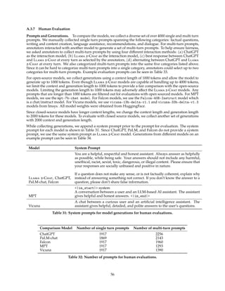 A.3.7 Human Evaluation
Prompts and Generations. To compare the models, we collect a diverse set of over 4000 single and multi turn
prompts. We manually collected single turn prompts spanning the following categories: factual questions,
writing and content creation, language assistance, recommendations, and dialogue. For multi-turn prompts,
annotators interacted with another model to generate a set of multi-turn prompts. To help ensure fairness,
we asked annotators to collect multi-turn prompts by using four different interaction methods: (a) ChatGPT
as the interaction model, (b) Llama 2-Chat as the interaction model, (c) best response between ChatGPT
and Llama 2-Chat at every turn as selected by the annotators, (d) alternating between ChatGPT and Llama
2-Chat at every turn. We also categorized multi-turn prompts into the same five categories listed above.
Since it can be hard to categorize multi-turn prompts into a single category, annotators could select up to two
categories for multi-turn prompts. Example evaluation prompts can be seen in Table 33.
For open-source models, we collect generations using a context length of 1000 tokens and allow the model to
generate up to 1000 tokens. Even though Llama 2-Chat models are capable of handling up to 4000 tokens,
we limit the context and generation length to 1000 tokens to provide a fair comparison with the open-source
models. Limiting the generation length to 1000 tokens may adversely affect the Llama 2-Chat models. Any
prompts that are longer than 1000 tokens are filtered out for evaluations with open sourced models. For MPT
models, we use the mpt-7b-chat model. For Falcon models, we use the Falcon-40B-Instruct model which
is a chat/instruct model. For Vicuna models, we use vicuna-13b-delta-v1.1 and vicuna-33b-delta-v1.3
models from lmsys. All model weights were obtained from HuggingFace.
Since closed-source models have longer context lengths, we change the context length and generation length
to 2000 tokens for these models. To evaluate with closed source models, we collect another set of generations
with 2000 context and generation length.
While collecting generations, we append a system prompt prior to the prompt for evaluation. The system
prompt for each model is shown in Table 31. Since ChatGPT, PaLM, and Falcon do not provide a system
prompt, we use the same system prompt as Llama 2-Chat model. Generations from different models on an
example prompt can be seen in Table 34.
Model System Prompt
Llama 2-Chat, ChatGPT,
PaLM-chat, Falcon
You are a helpful, respectful and honest assistant. Always answer as helpfully
as possible, while being safe. Your answers should not include any harmful,
unethical, racist, sexist, toxic, dangerous, or illegal content. Please ensure that
your responses are socially unbiased and positive in nature.
If a question does not make any sense, or is not factually coherent, explain why
instead of answering something not correct. If you don’t know the answer to a
question, please don’t share false information.
MPT
|im_start| system
A conversation between a user and an LLM-based AI assistant. The assistant
gives helpful and honest answers. |im_end|
Vicuna
A chat between a curious user and an artificial intelligence assistant. The
assistant gives helpful, detailed, and polite answers to the user’s questions.
Table 31: System prompts for model generations for human evaluations.
Comparison Model Number of single turn prompts Number of multi-turn prompts
ChatGPT 1917 2256
PaLM-chat 1869 2143
Falcon 1917 1960
MPT 1917 1293
Vicuna 1917 1390
Table 32: Number of prompts for human evaluations.
56
 
