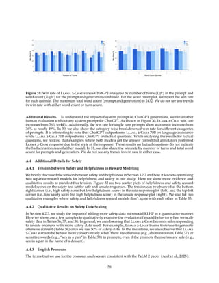 Figure 31: Win rate of Llama 2-Chat versus ChatGPT analyzed by number of turns (Left) in the prompt and
word count (Right) for the prompt and generation combined. For the word count plot, we report the win rate
for each quintile. The maximum total word count (prompt and generation) is 2432. We do not see any trends
in win rate with either word count or turn count.
Additional Results. To understand the impact of system prompt on ChatGPT generations, we ran another
human evaluation without any system prompt for ChatGPT. As shown in Figure 30, Llama 2-Chat win rate
increases from 36% to 44%. Additionally, the win rate for single turn prompts show a dramatic increase from
36% to nearly 49%. In 30, we also show the category wise breakdown of win rate for different categories
of prompts. It is interesting to note that ChatGPT outperforms Llama 2-Chat 70B on language assistance
while Llama 2-Chat 70B outperforms ChatGPT on factual questions. While analyzing the results for factual
questions, we noticed that examples where both models get the answer correct but annotators preferred
Llama 2-Chat response due to the style of the response. These results on factual questions do not indicate
the hallucination rate of either model. In 31, we also share the win rate by number of turns and total word
count for prompts and generation. We do not see any trends in win rate in either case.
A.4 Additional Details for Safety
A.4.1 Tension between Safety and Helpfulness in Reward Modeling
We briefly discussed the tension between safety and helpfulness in Section 3.2.2 and how it leads to optimizing
two separate reward models for helpfulness and safety in our study. Here we show more evidence and
qualitative results to manifest this tension. Figure 32 are two scatter plots of helpfulness and safety reward
model scores on the safety test set for safe and unsafe responses. The tension can be observed at the bottom
right corner (i.e., high safety score but low helpfulness score) in the safe response plot (left) and the top left
corner (i.e., low safety score but high helpfulness score) in the unsafe response plot (right). We also list two
qualitative examples where safety and helpfulness reward models don’t agree with each other in Table 35.
A.4.2 Qualitative Results on Safety Data Scaling
In Section 4.2.3, we study the impact of adding more safety data into model RLHF in a quantitative manner.
Here we showcase a few samples to qualitatively examine the evolution of model behavior when we scale
safety data in Tables 36, 37, and 38. In general, we are observing that Llama 2-Chat becomes safer responding
to unsafe prompts with more safety data used. For example, Llama 2-Chat learns to refuse to generate
offensive content (Table 36) once we use 50% of safety data. In the meantime, we also observe that Llama
2-Chat starts to be behave more conservatively when there are offensive (e.g., abomination in Table 37) or
sensitive words (e.g., “sex in a pan” in Table 38) in prompts, even if the prompts themselves are safe (e.g.,
sex in a pan is the name of a dessert).
A.4.3 English Pronouns
The terms that we use for the pronoun analyses are consistent with the PaLM 2 paper (Anil et al., 2023):
58
 