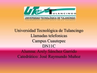 Universidad Tecnológica de Tulancingo
         Llamadas telefonicas
          Campus Cuautepec
               DN11C
   Alumna: Arely Sánchez Garrido
 Catedrático: José Raymundo Muñoz
 