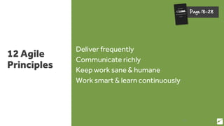 12 Agile
Principles
Deliver frequently
Communicate richly
Keep work sane & humane
Work smart & learn continuously
22
Page 18-28
22
 