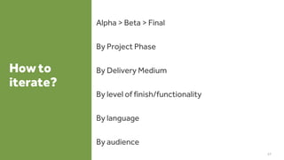 How to
iterate?
Alpha > Beta > Final
By Project Phase
By Delivery Medium
By level of finish/functionality
By language
By audience
57
 