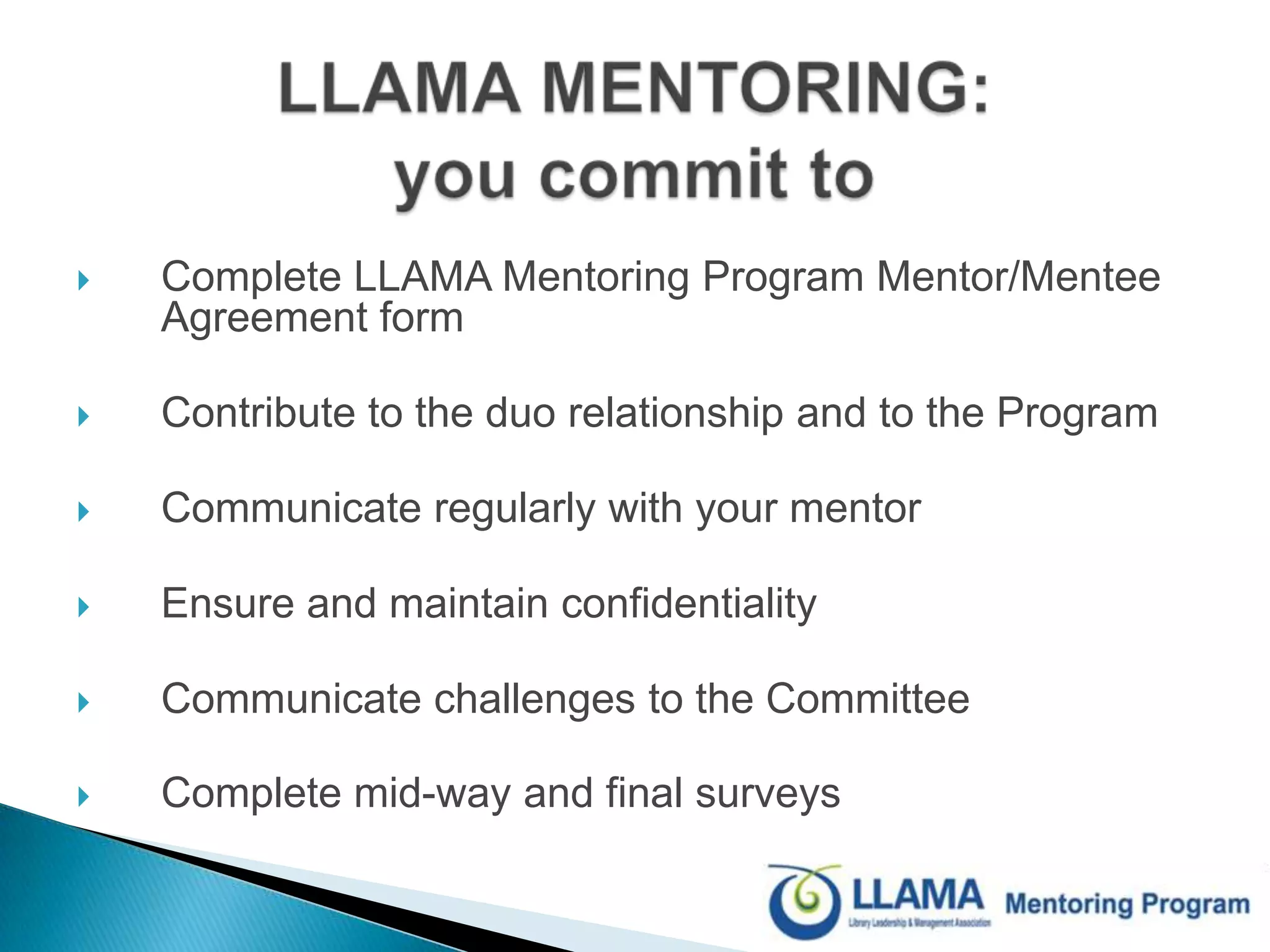 EXPECTATIONS: mentorExpect excellence Affirm, affirm, affirm, and then affirm some moreProvide sponsorshipBe a teacher and a coachEncourage and supportOffer counsel in difficult timesProtect when necessaryStimulate growth with challenging assignmentsGive mentee exposure and promote their visibilityNurture creativityProvide correction – even when painfulNarrate growth and developmentSelf-disclosure when appropriateTeach facetingBe an intentional modelDisplay dependability                                                                   			               Johnson and  Ridley, 2004