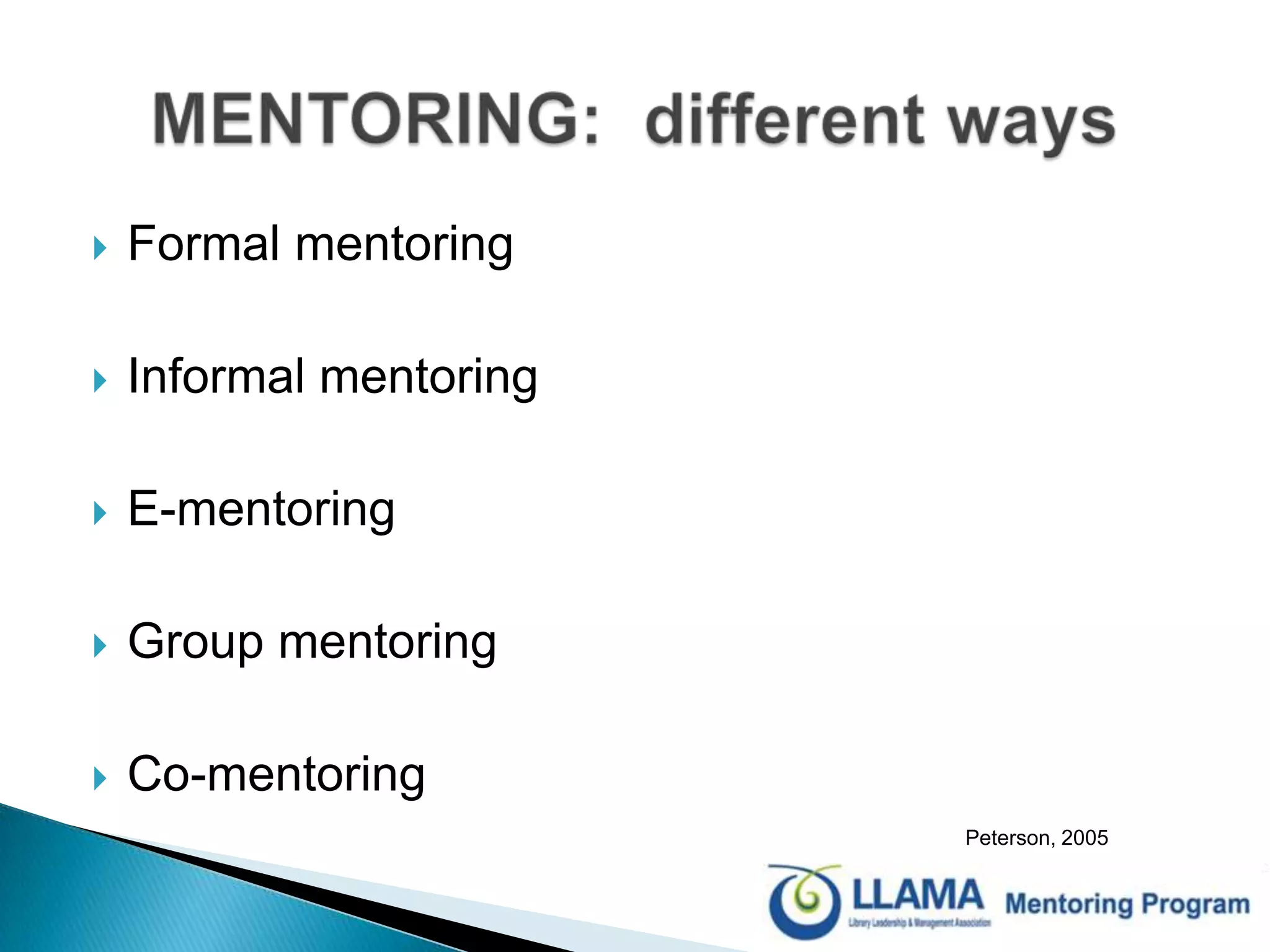 Formal mentoringInformal mentoringE-mentoringGroup mentoringCo-mentoringPeterson, 2005MENTORING:  different ways
