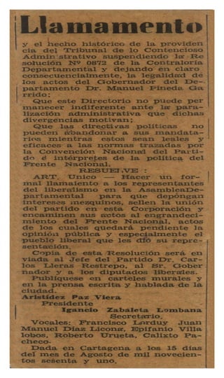 Llamamiento, directorio liberal 1961