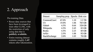 2. Approach
Pre-training Data
• Reuse data sources that
have been leveraged to
train other LLMs, with
the restriction of only
using data that is
publicly available.
• Entire training dataset
contains roughly 1.4T
tokens after tokenization.
 
