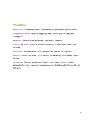 5
VALORES:
Resolución: ser altamente eficaz en resolver los problemas de tus clientes.
Compromiso: haces tuyos los objetivos de tu cliente y lo das todo para
conseguirlo.
Excelencia: buscar la perfección en tu producto o servicio.
Calidad: dar a tus clientes el máximo de calidad posible en tu producto o
servicio.
Honestidad: ser coherente con lo que piensas, sientes, dices y haces.
Eficiencia: hacer tu trabajo con el mínimo de recursos y en el menor tiempo
posible.
Innovación: Cambiar, evolucionar, hacer cosas nuevas, ofrecer nuevos
productos/servicios y adoptar nuevos procesos de fabricación/prestación de
servicios.
 