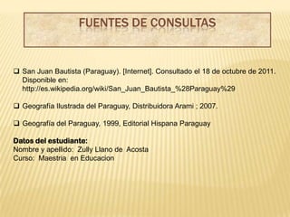 FUENTES DE CONSULTAS


 San Juan Bautista (Paraguay). [Internet]. Consultado el 18 de octubre de 2011.
  Disponible en:
  http://es.wikipedia.org/wiki/San_Juan_Bautista_%28Paraguay%29

 Geografía Ilustrada del Paraguay, Distribuidora Arami ; 2007.

 Geografía del Paraguay, 1999, Editorial Hispana Paraguay

Datos del estudiante:
Nombre y apellido: Zully Llano de Acosta
Curso: Maestria en Educacion
 